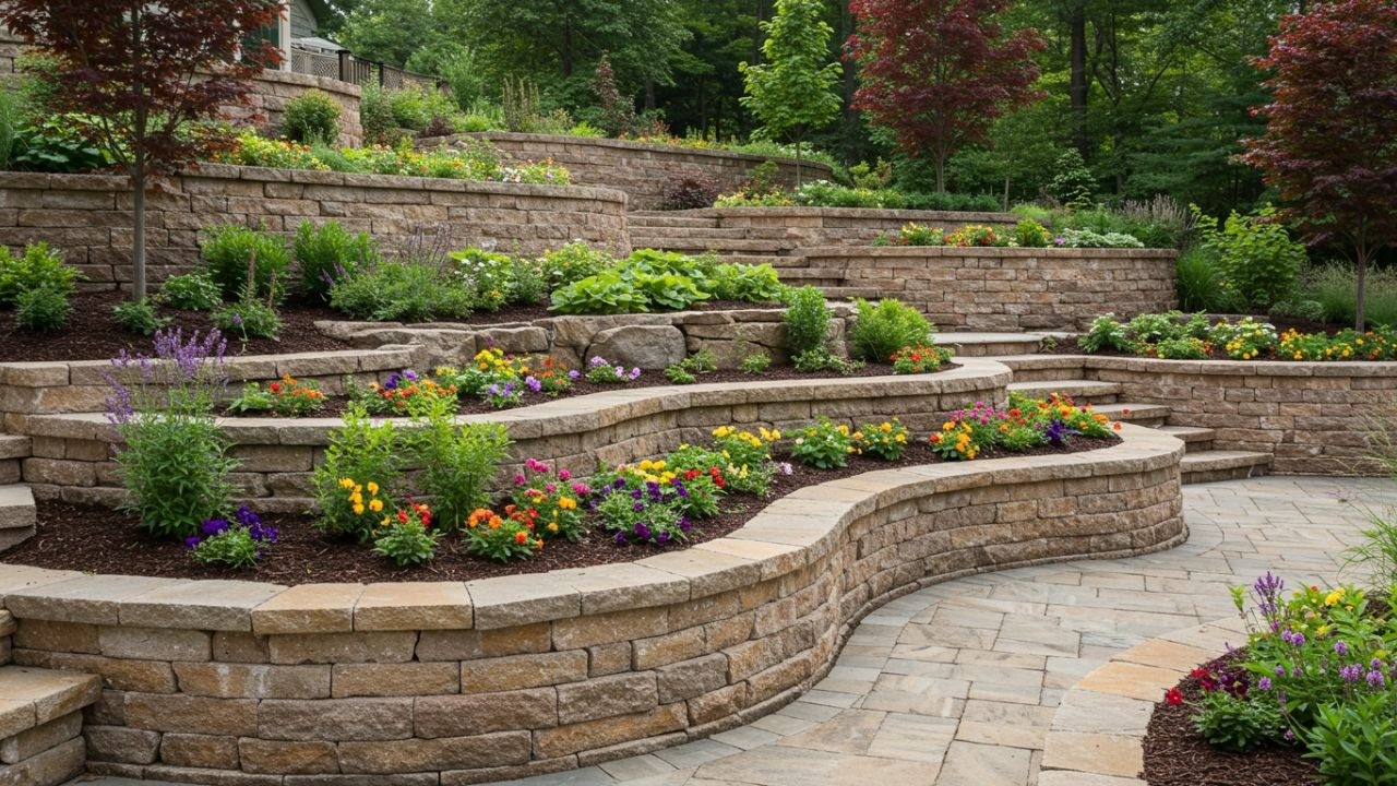 Retaining wall with patio landscaping